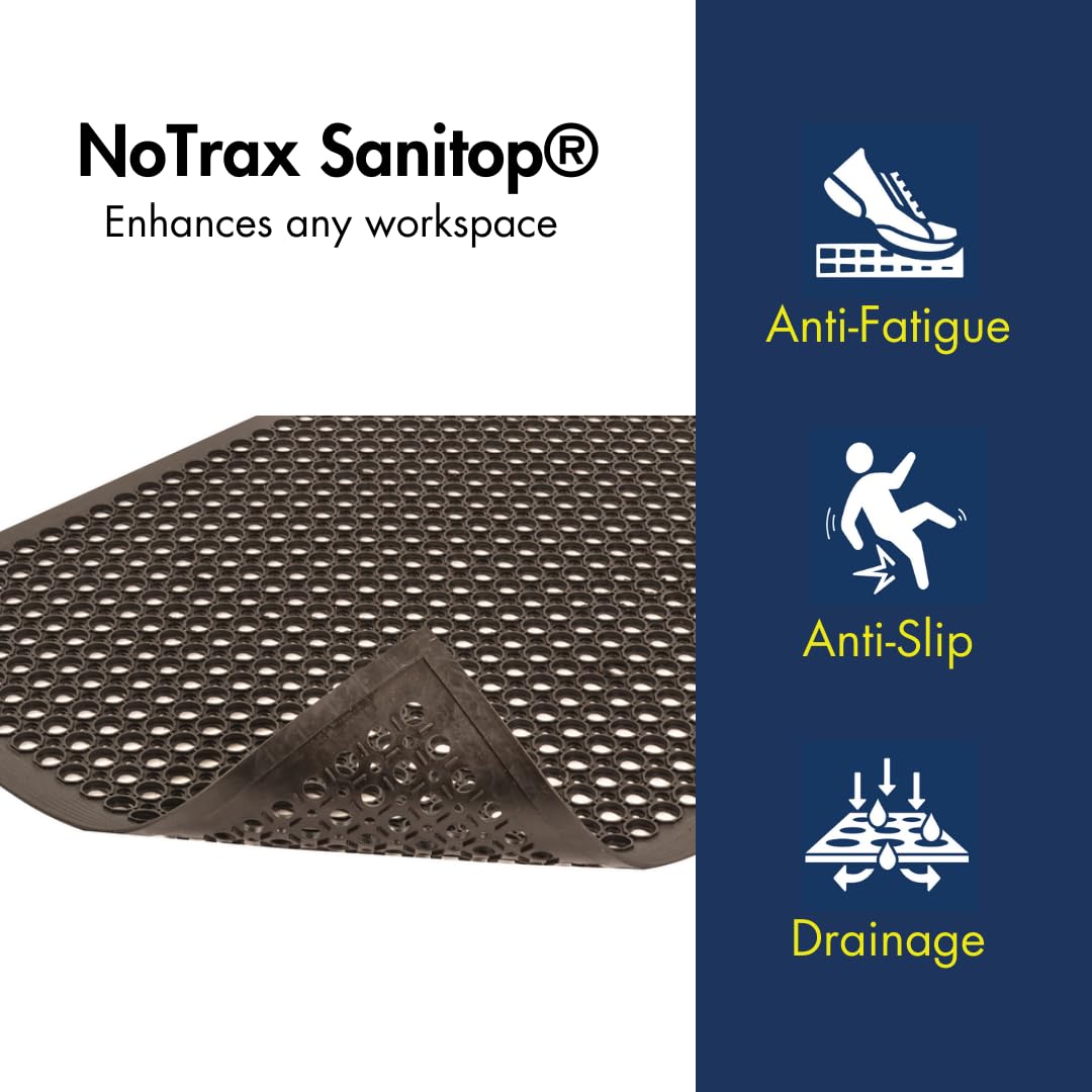 NoTrax Sanitop® 3' x 10' Lightweight Restaurant Rubber Floor Mat with Drainage Holes and Beveled Edges, Anti-Slip Mats, Black, 562S0310BL