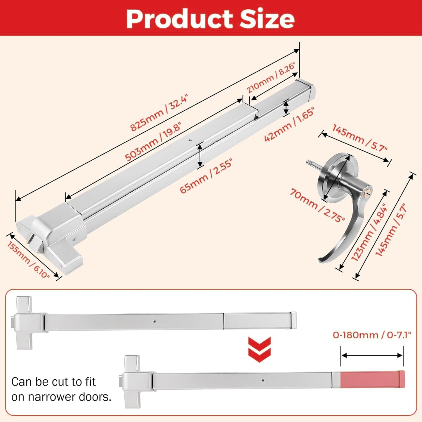 Push Bar Panic Exit Device with Handle, 31 Inch Aluminum Emergency Exit Door Hardware with 6 Keys, Commercial Emergency Door Lock Fits 31"-47" Wood & Metal Doors, Left/Right Compatible
