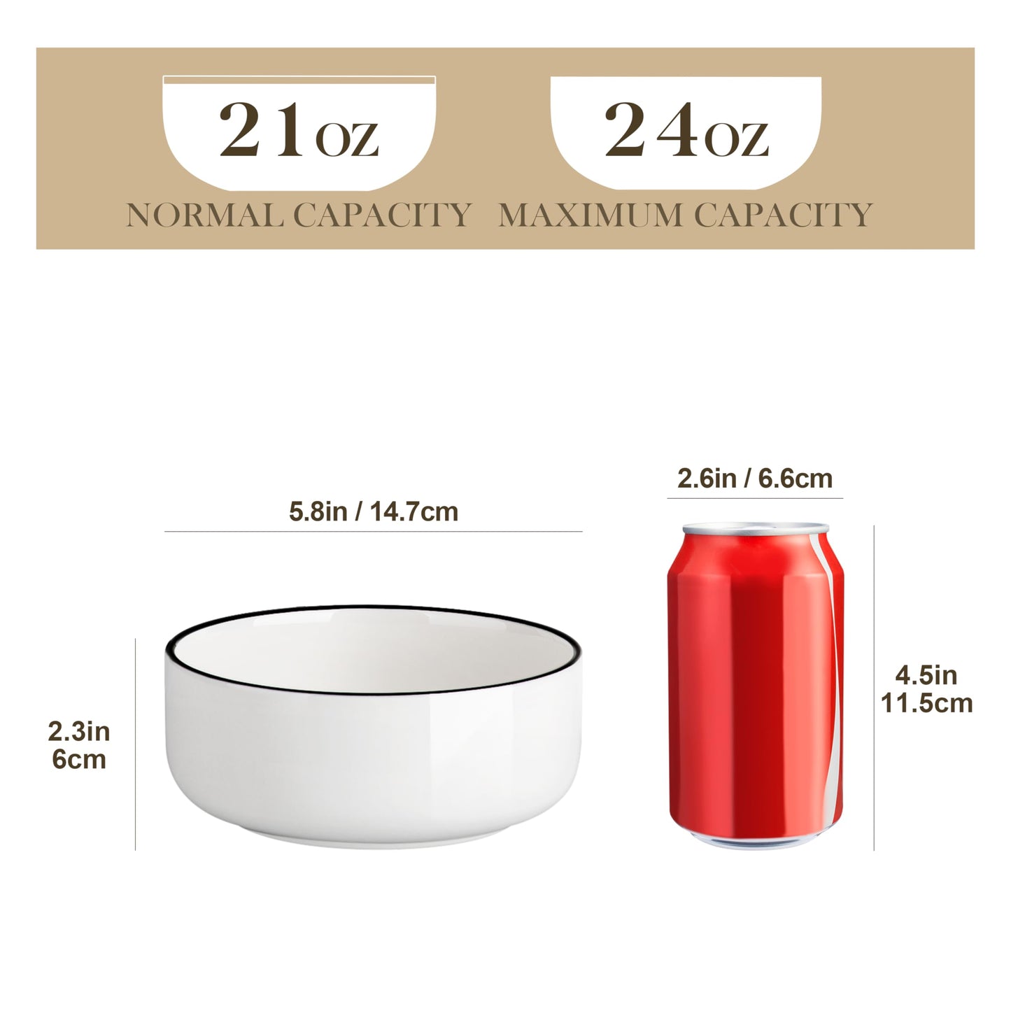 MALACASA 24 OZ Cereal Bowls, Porcelain Soup Oatmeal Bowls Set of 6, White Kitchen Ceramic Serving Bowl wtih Black Rim, Dishwasher Microwave Oven Safe, White, Series LUNA