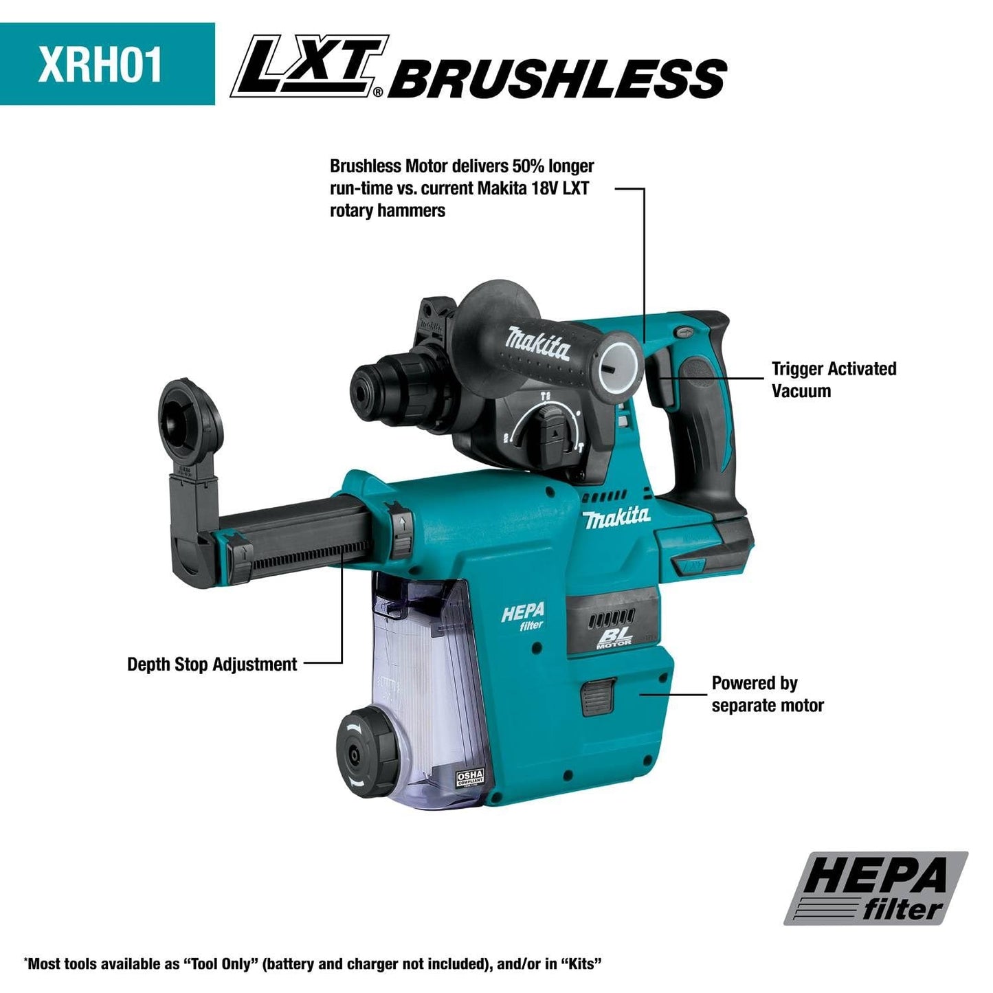 Makita XRH01ZWX 18V LXT® Lithium-Ion Brushless Cordless 1" Rotary Hammer, accepts SDS-PLUS bits, w/HEPA Dust Extractor Attachment, Tool Only