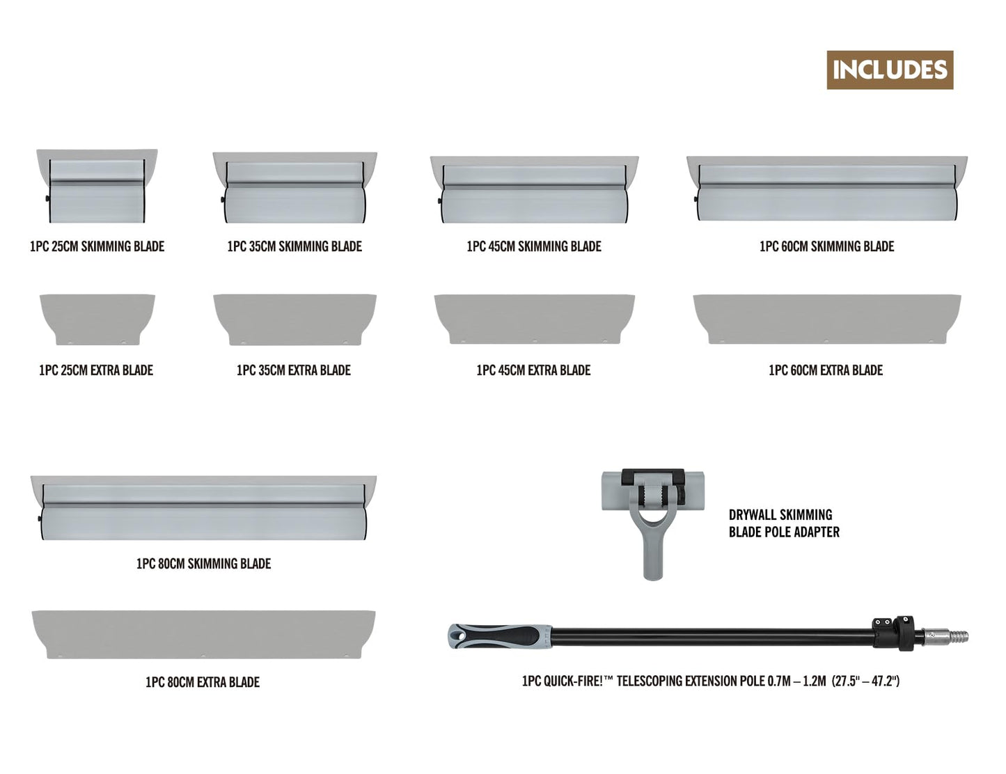 ROLLINGDOG Drywall Skimming Blade Set - Include Extension Pole and Transport Case,13PC Easy Carry Handle and 5 Extra Skimming blades