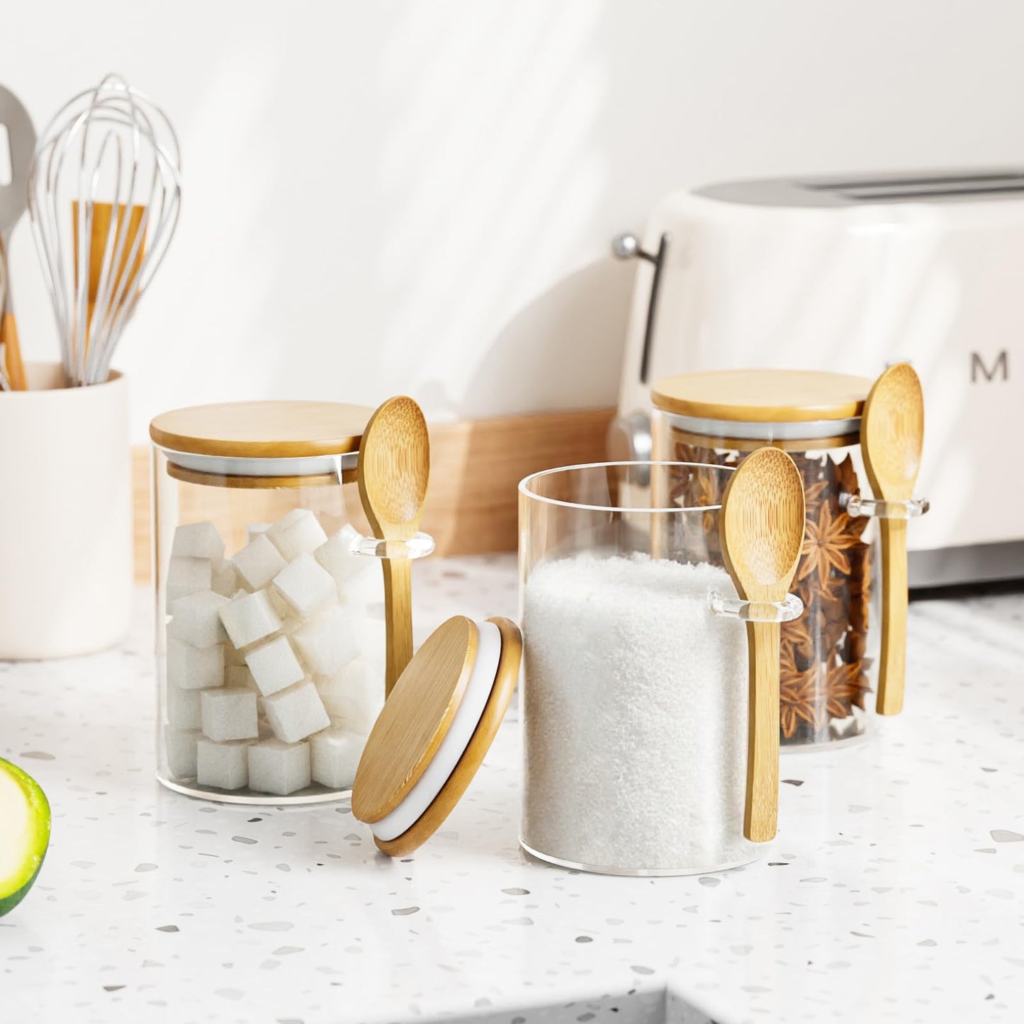 KOIKEY Coffee Sugar Container Salts Jars - 15oz Glass Airtight Caning with Bamboo Lids and Spoons Scoop, Storage Overnight Oats, Spice, Creamer, Food Organizer, Set of 3