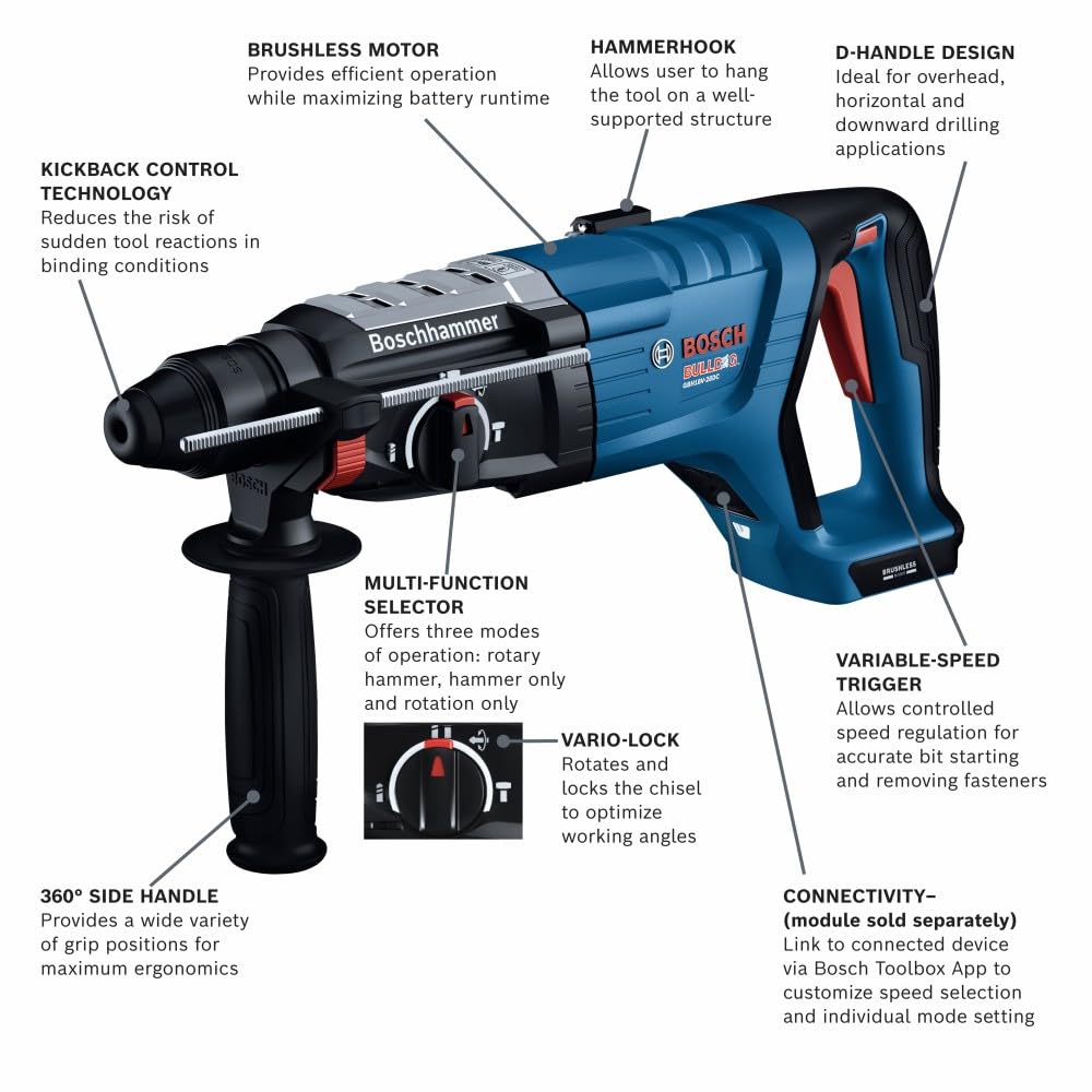 Bosch GBH18V-28DCN 18V Brushless Connected-Ready SDS-plus® Bulldog™ 1-1/8 In. Rotary Hammer (Bare Tool)