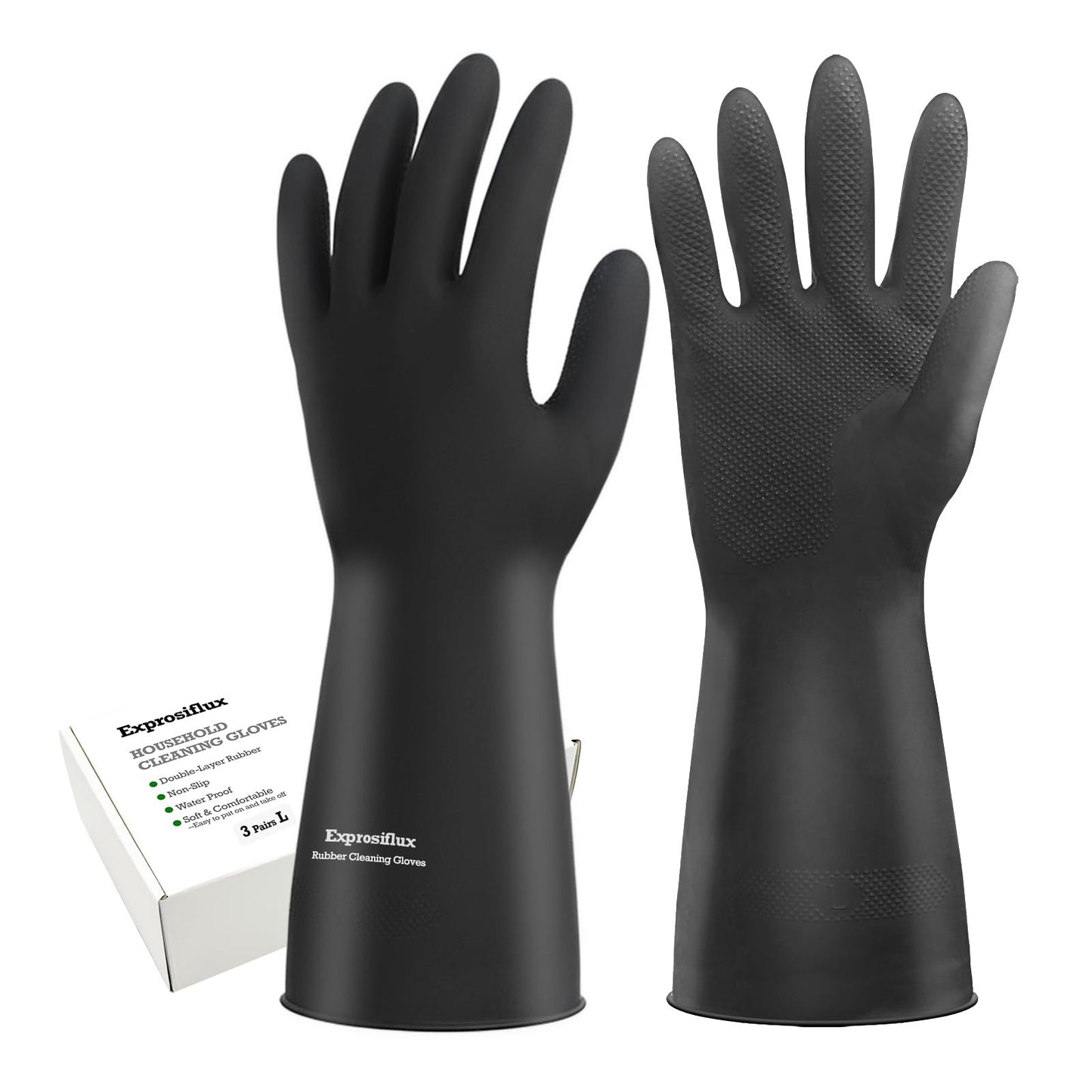 Exprosiflux Thick Rubber Cleaning Gloves - 3 Pairs Black Rubber Gloves for Dishwashing Large, Non-Slip Kitchen Gloves for Washing Dishes, Reusable Cleaning Gloves, Waterproof, Heavy-Duty (3P,L)