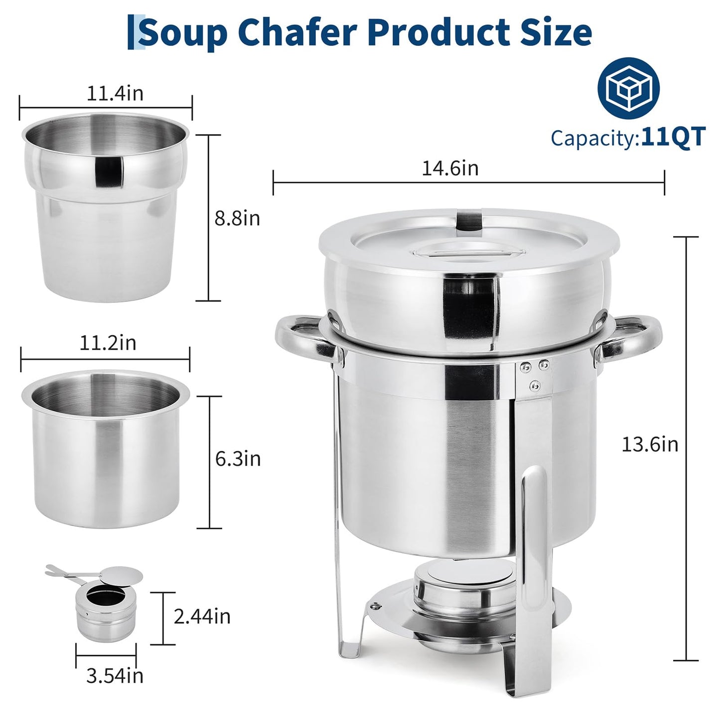 Commercial 11QT Soup Chafer Set, 4 Pack Stainless Steel Round Food Warmers Set with Pot, Notched Lids & Fuel Containers, Soup Warmers Ideal for Buffet Service & Event Catering