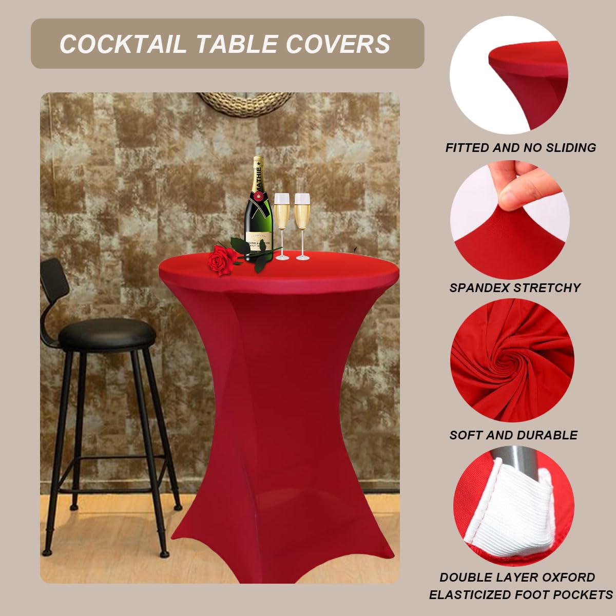 Albassa 2 Pack Cocktail Table Covers 32"x43" Spandex Stretch Highboy Top Tablecloth Fitted Round Table Cloths for Bar Wedding Cocktail Party Banquet Tables (2, Red, 32"x 43")