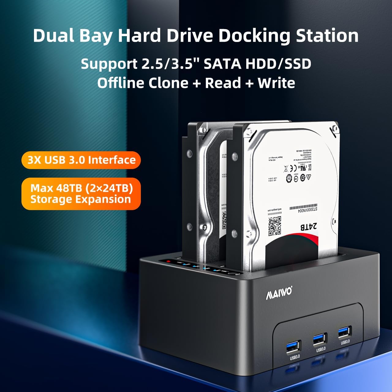 MAIWO 2.5 3.5 Inch 3X 3.0 48TB Dual Bay Hard Drive Docking Station with Offline Clone for SATA HDD SSD, USB Hub