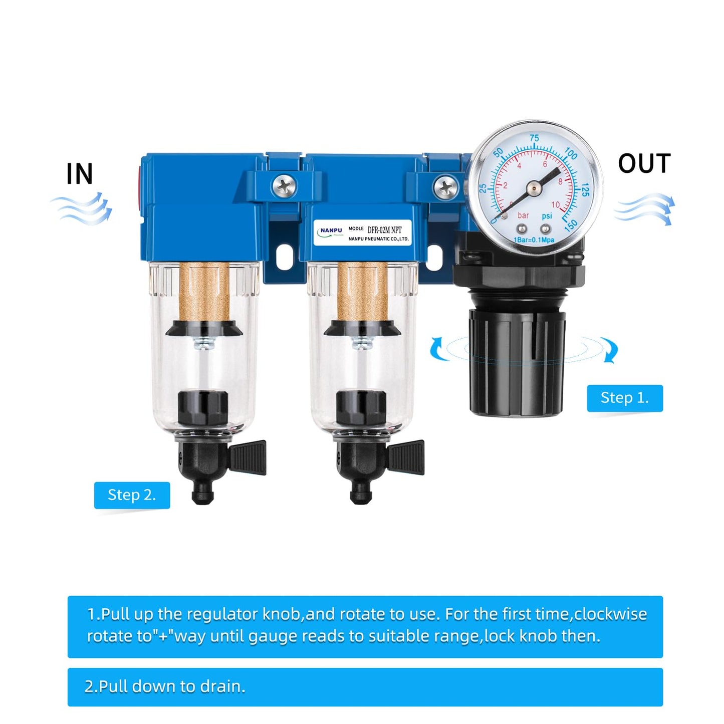 NANPU 1/4" NPT Air Drying System - Double Air Filters, Air Pressure Regulator Combo - Manual Drain, Poly Bowl - DFR-02M