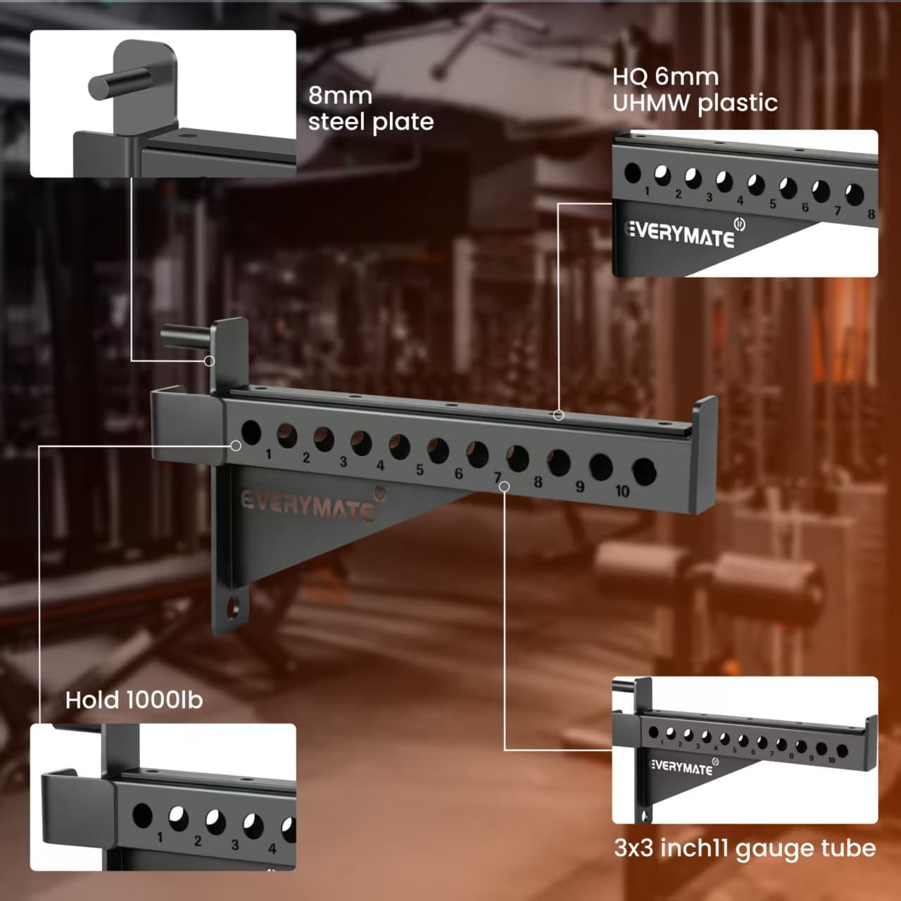 EVERYMATE Safety Spotter Arms, Fits 3"x3" Power Racks with 1" Holes, Heavy Duty 1000LBS Capacity Squat Rack Safety Bars with UHMWPads for Home/Garage Gym Strength Training, Weight is 37LB