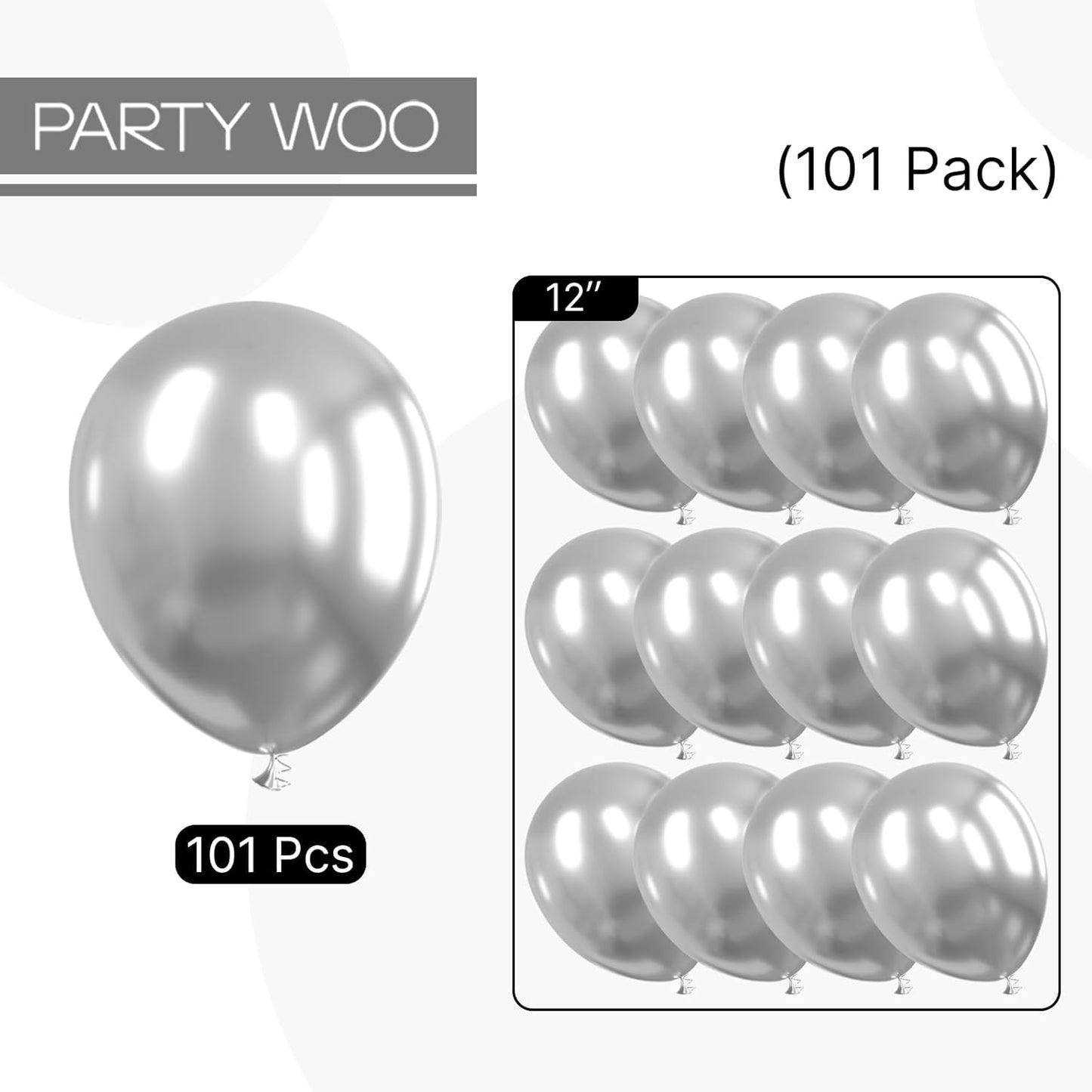 PartyWoo Silver Balloons - 101pcs 12 Inch Latex Helium Balloons for Celebrations & Events