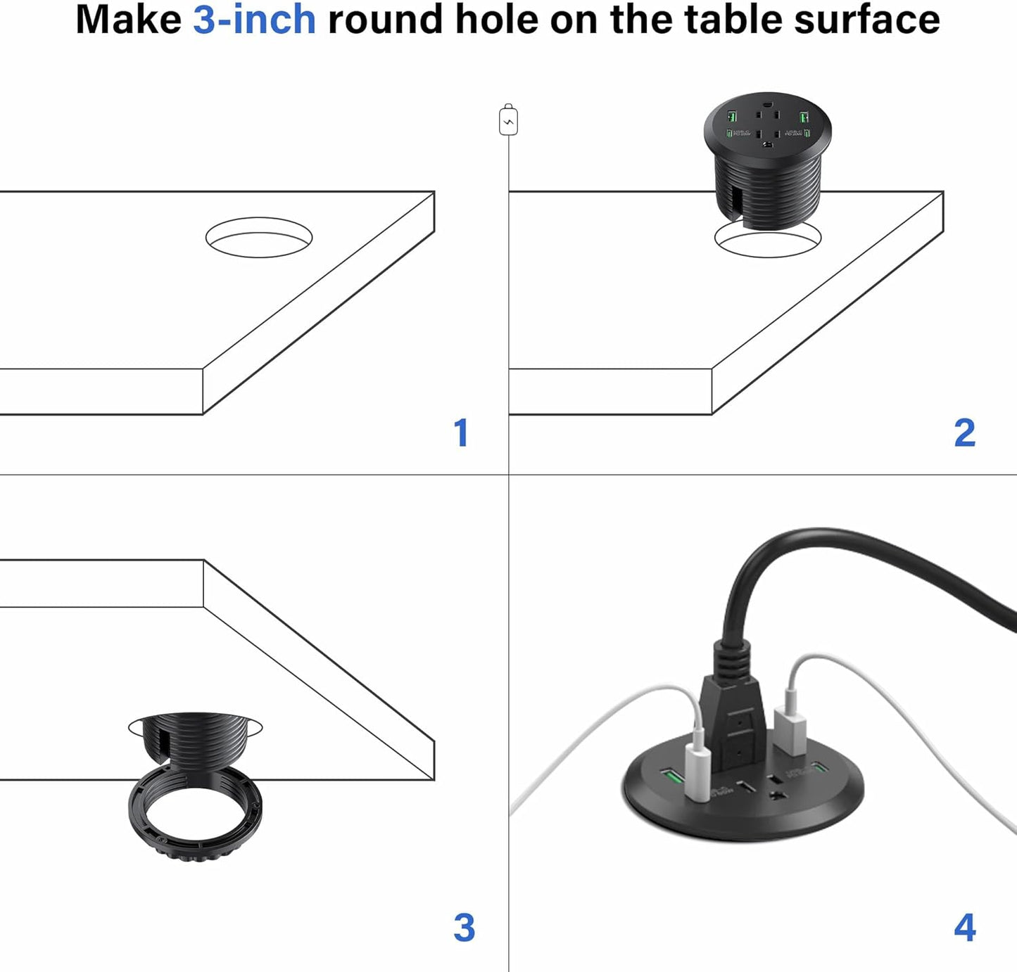Jgstkcity Grommet 3-inch Hole,40W 2 20W 2 Outlets,4 Desk,6ft Desktop Power Total Fast Charging Station, PD USB C