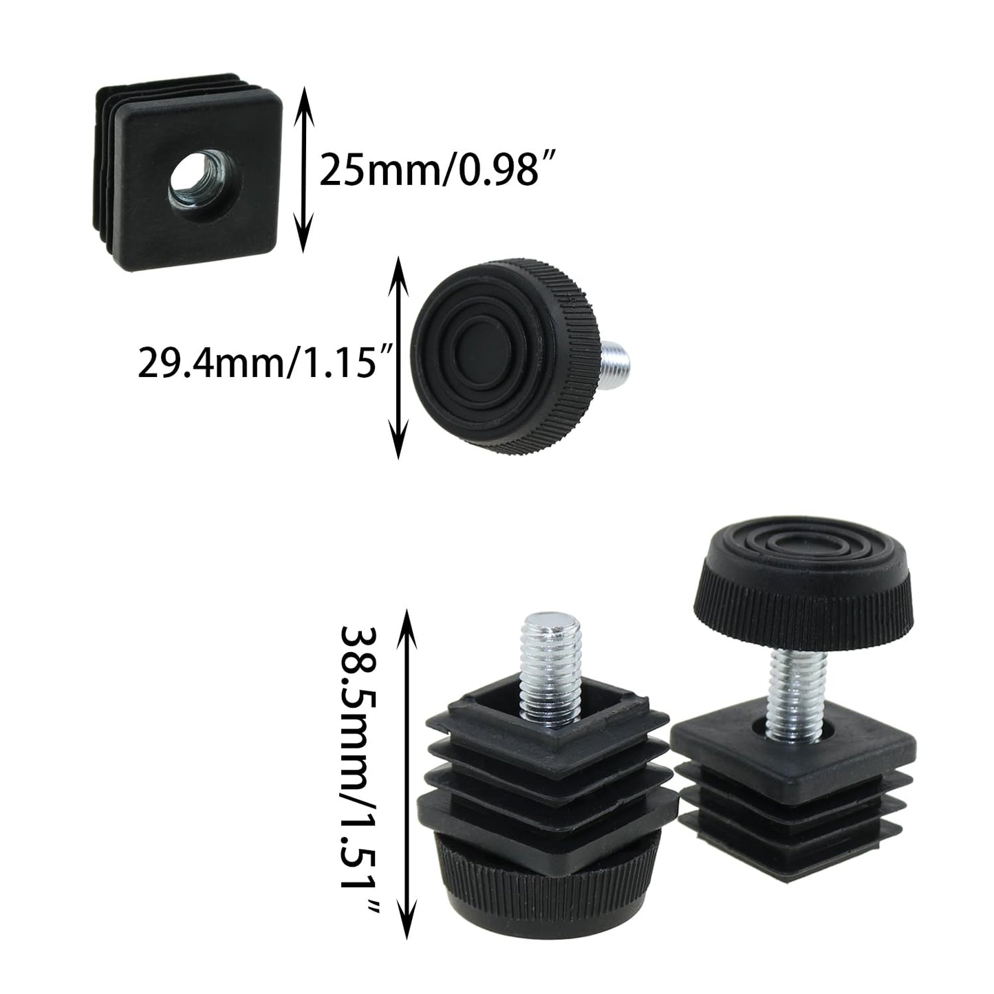DGZZI 4PCS Plastic Metal Square Tube Insert Kit Adjustable Levelling Feet Black Furniture Adjustable Feet Nut Pipe Plug Supporting Feet for Mechanical Equipment and Fitness Equipment and Rack