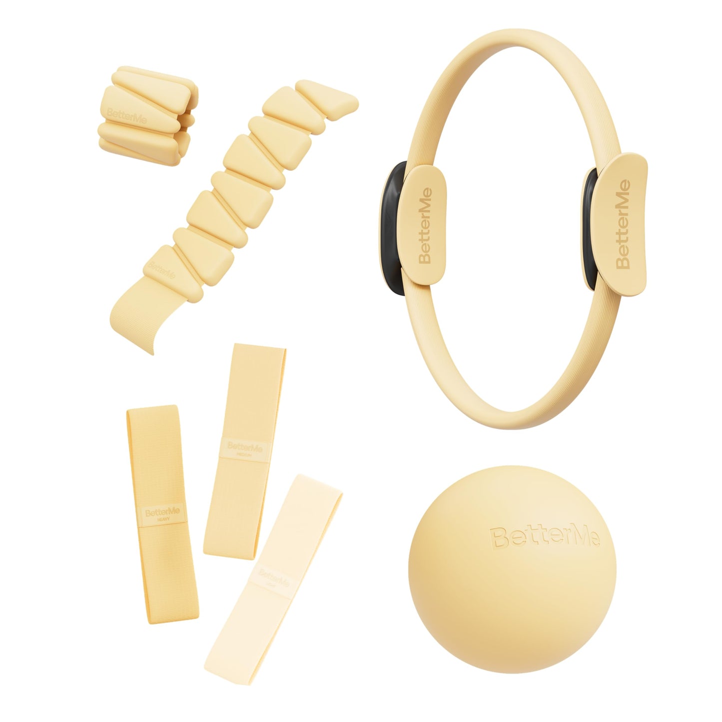 BetterMe Bubble Butt Kit – Pilates Ring, Weight Bands, Soft Ball & Loop Bands – Glute Training Pilates Kit for Women – Home Workout Pilates Equipment Set (Butter Yellow)