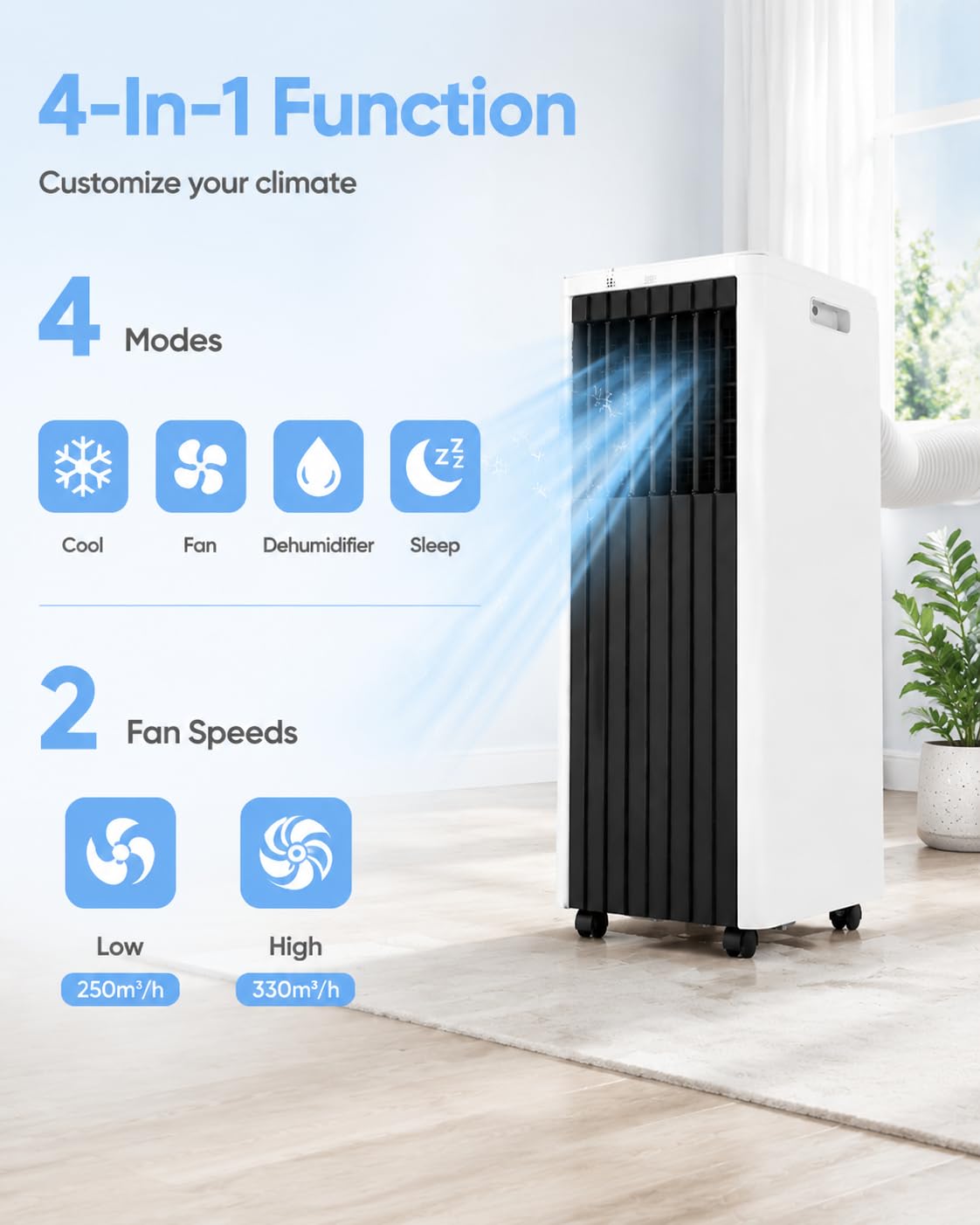 8,000 BTU Portable Air Conditioner, 4-in-1 Portable AC Unit Up to 350 Sq.Ft., Portable Air Conditioner with Cool, Fan, Dehumidifier, 24H Timer, Remote & Installation Kit, for Bedroom