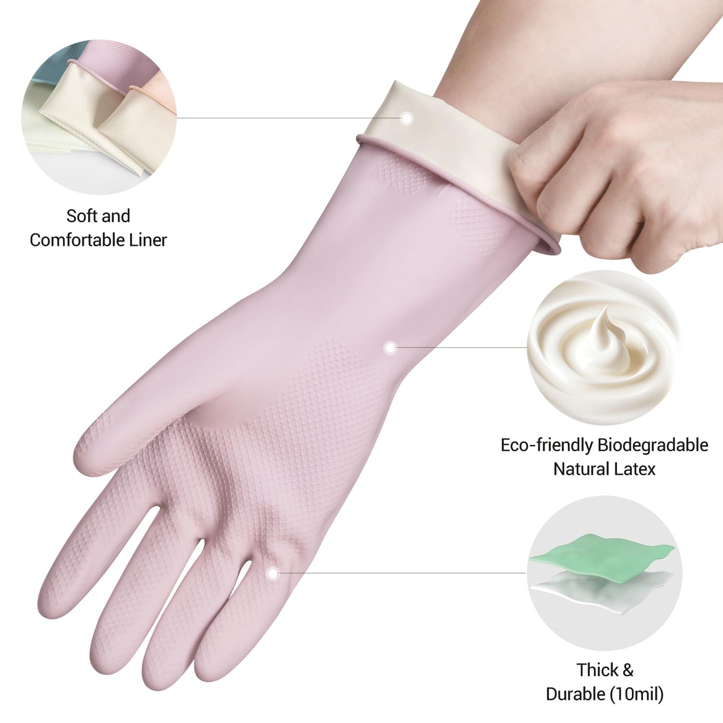 ThxToms 4 Pairs Reusable Rubber Gloves, 13" Natural Latex, 10mil Thick Heavy Duty Dishwashing & Cleaning Gloves, Non-Slip Grip, Multi-Color, Ideal for Kitchen, Bathroom, Car, & Garden Cleaning, Medium