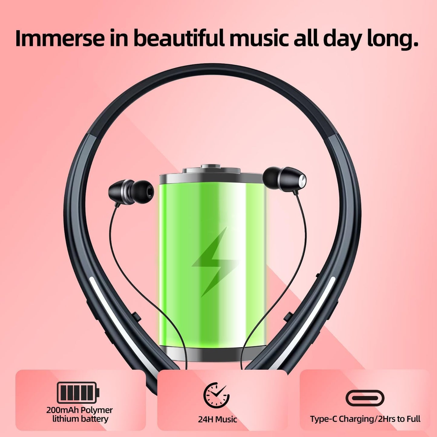 ZHAOGE Headset IPX5 Bluetooth Headphones Neckband, Retractable Wireless Sports Earbuds Noise Cancelling Stereo