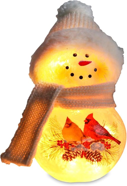 Bdor 8-Inch Snowman Christmas Decoration - Glass Figurine with Cardinal Couple & Warm Glow for Holiday Décor