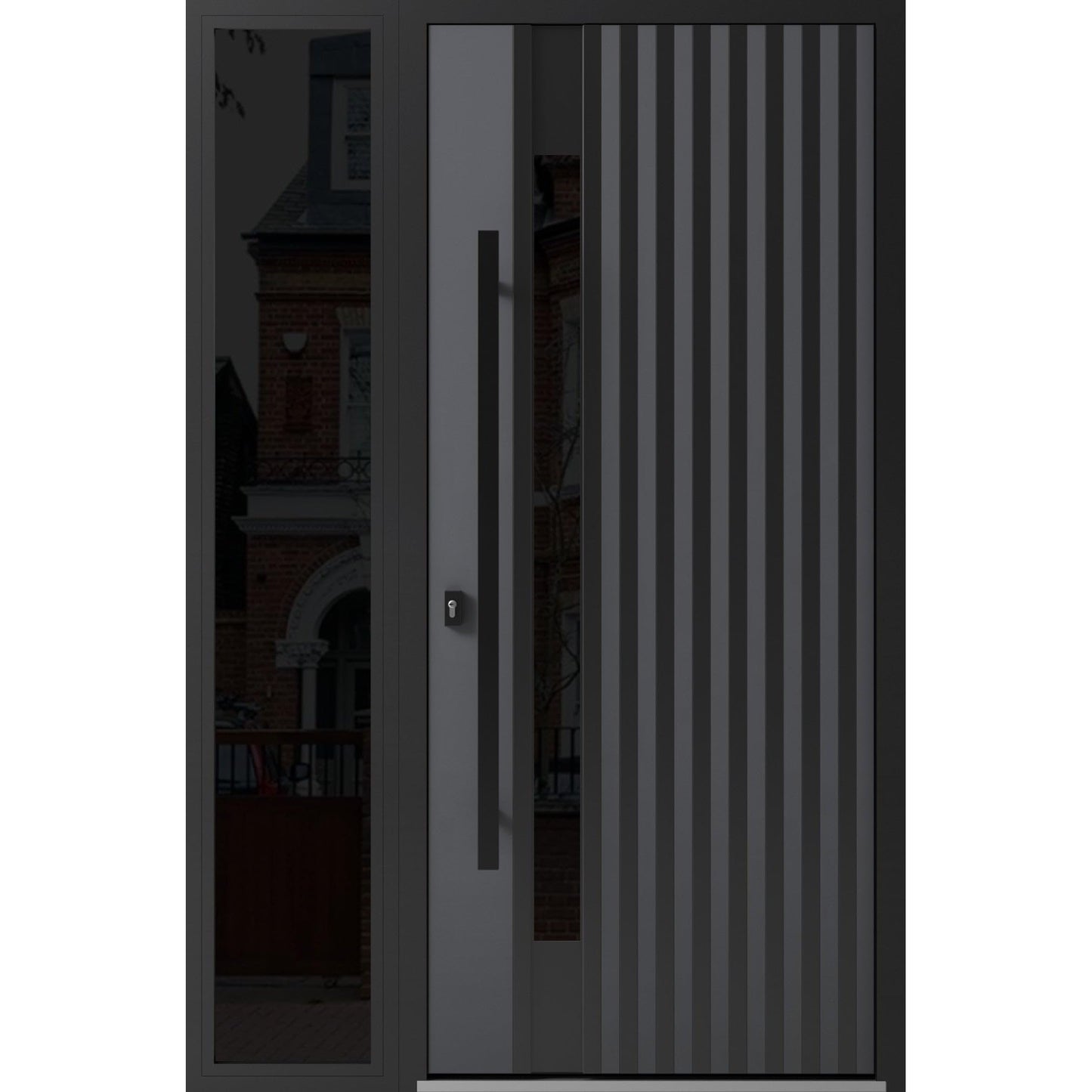 VDOMDOORS Front Exterior Prehung Steel Door/Ronex 0144 Grey/Side Exterior Window Sidelite/Entry Metal Modern Painted W36+12" x H80 Right Hand Inswing
