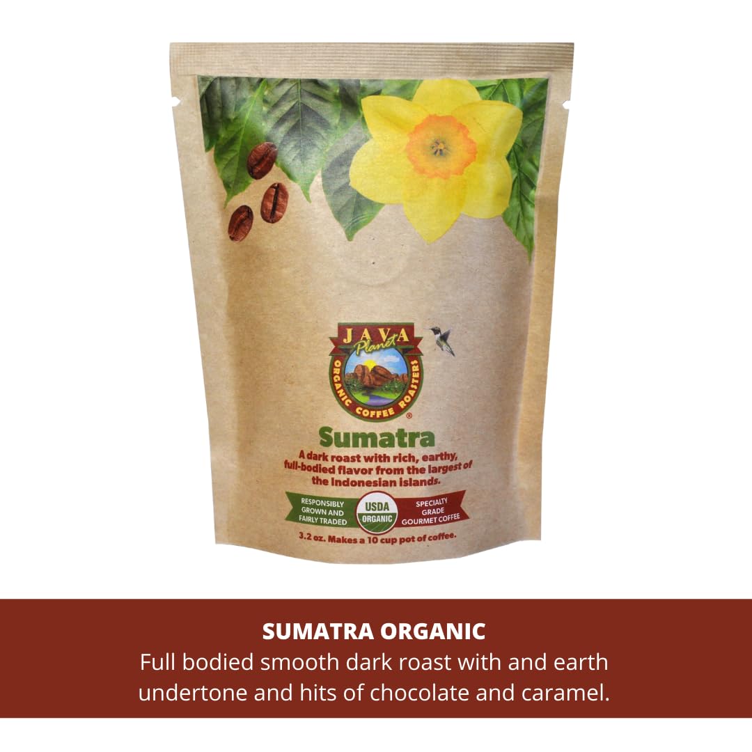 Java Planet, Coffee Gift Sampler Set, for Coffee Lovers: Low Acid Organic Beans: Whole Bean, Mold-Free & Stomach Friendly - Arabica Gourmet, 1.32 LBs (19.2 oz) packaged in 6 Bags Each 3.2 oz
