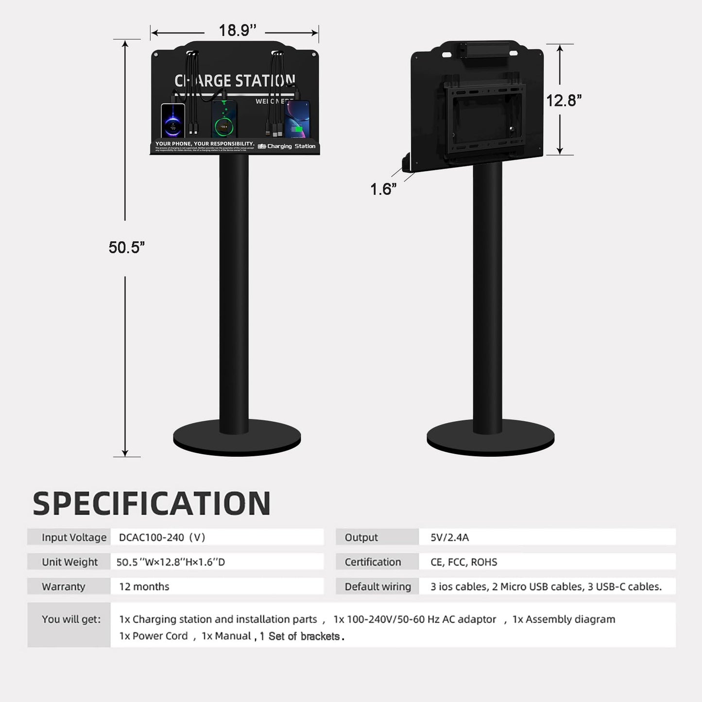 Floor Stand Cell Phone Charging Station Mobile Phone Charging Station | Fast Charging 8 Device | Compatible with Apple Tablets Android Port | Great for Offices Hotel Hospital Airport