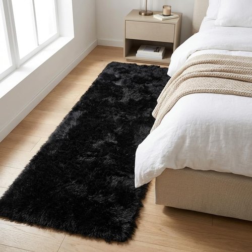 Mugorn Black Area Rug - Soft Fluffy Shag Carpet for Bedroom & Living Room | 2x3 Feet with Non-Slip Pads