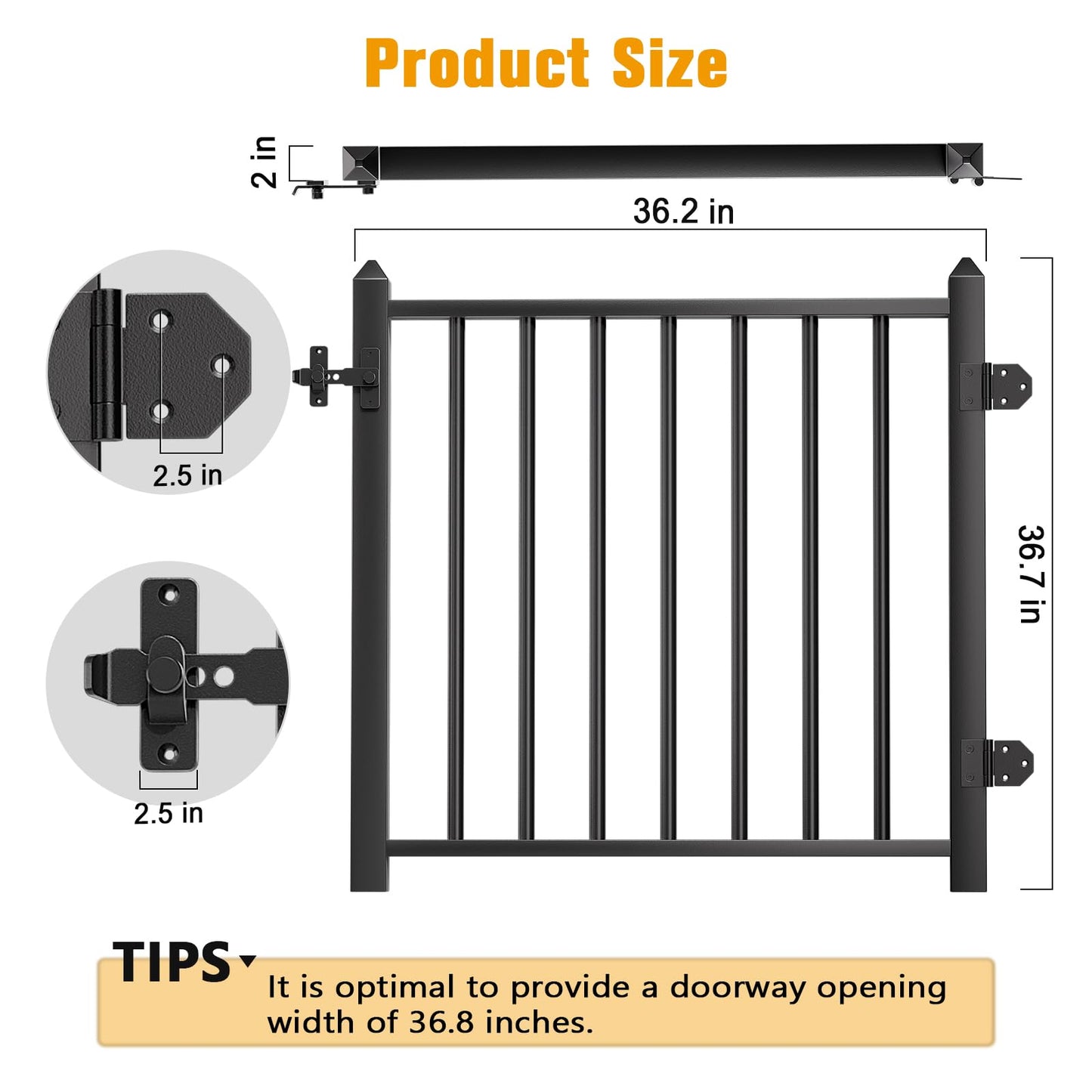 Deck Fence Gate Integrated Welding Stainless Steel Black Textured Powder-Coat Finish 36.2″Wx 36.7″H Outdoor Deck Gate with Latch for Deck, Garden, Yard, Porch, Patio (Left Hand in Swing)