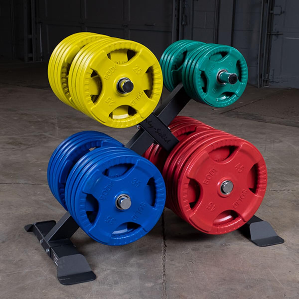 Body-Solid Quad Grip Design Rubber Plate - Olympic Weight Plates with Rubber Coating for Weight Lifting and Strength Training, 25lbs