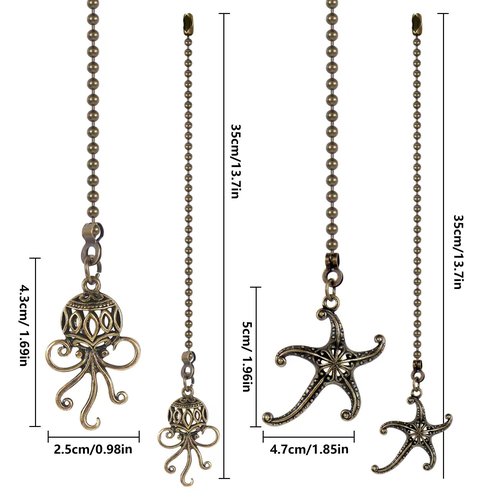 Dotlite Starfish and Octopus Ceiling Fan Pull Chain, Sea Ocean Theme Pulls Charm Extension Decorative,12in 3mm Diameter Beaded Fan Light Pull Chains Extender Ornaments for Kids Room,Bronze