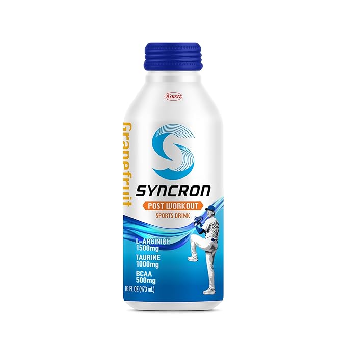 Syncron Post Workout Sports Drink Endorsed by Shohei Ohtani, Sugar Free Electrolyte Hydration, Aluminum Bottled Drink, Taurine, L Arginine & BCAAs for Athletes, Grapefruit Flavor, 6 Pack, 16 oz