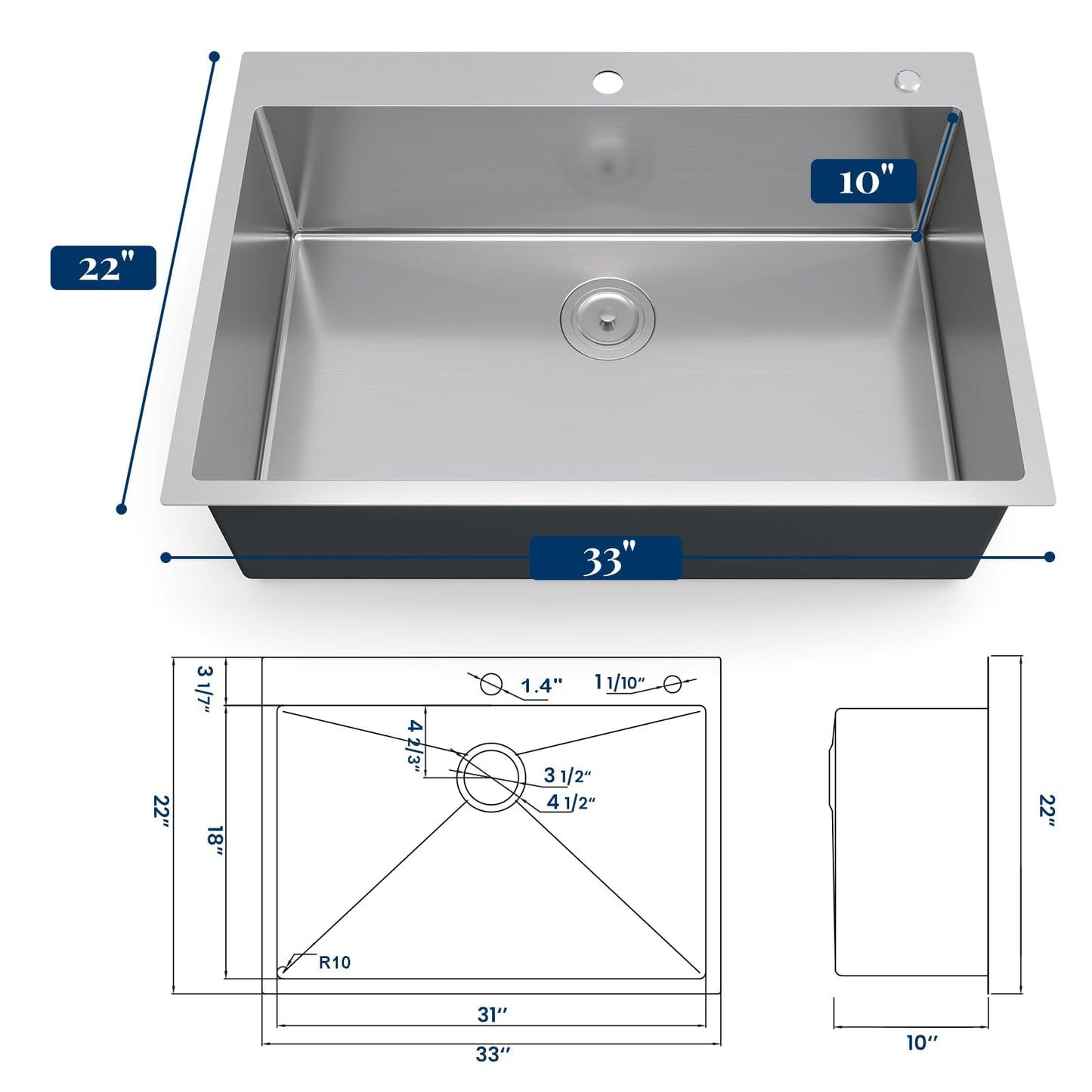 GarveeHome Kitchen Sink - 33 in Single Bowl Stainless Steel Undermount Sink, 16 Gauge Commercial Grade with Easy Drain System & Brushed Nickel Finish