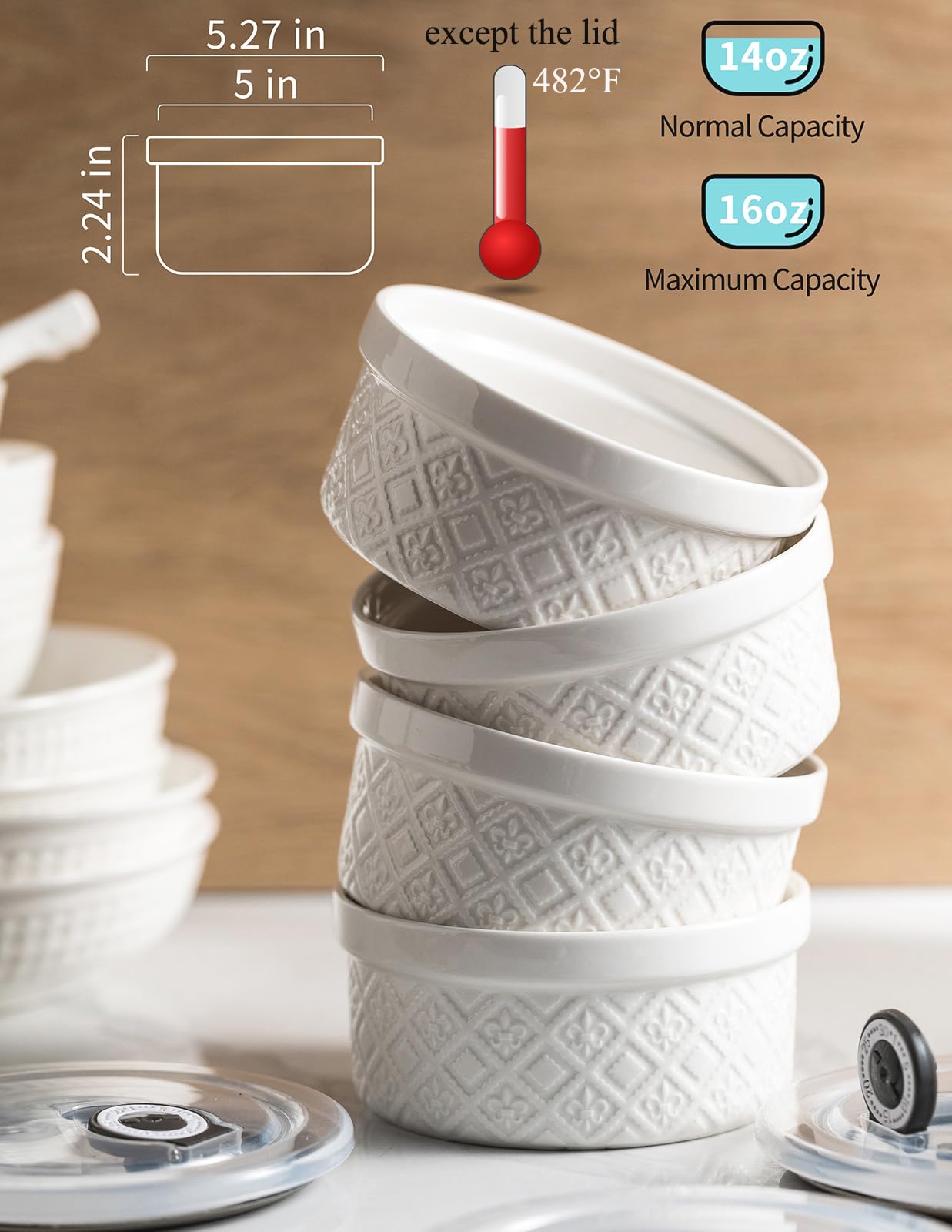 MISSYSSIM 16 oz Creme Brulee Ramekins Oven Safe, Small Souffle Ramekin with lid, Mini Porcelain Ramekins Set with Covers, Small Ceramic Baking Dish Set of 4