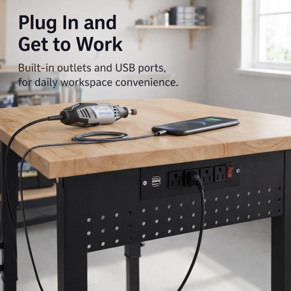 VUWIF 48" Workbench with Casters, Adjustable Height Workbench with Rubberwood Top, Built-in Power Strip with 4 AC Outlets and 2 USB Ports, 2000 LBS Capacity for Garage, Workshop, and Home