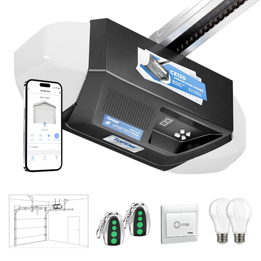 TOPENS CZ120 Garage Door Opener System 800N Chain Drive with Wireless Remote & Keychain Transmitter Smart App Control DC Motor for Sectional Garage Doors up to 7.5 ft