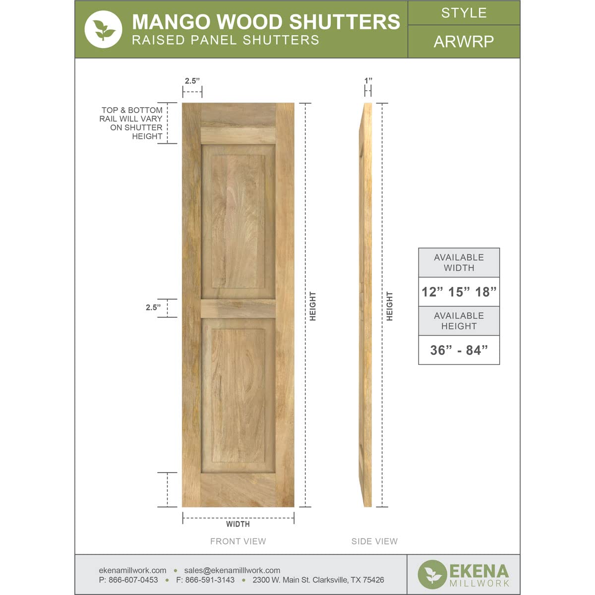 15"W x 48"H Americraft Two Equal Raised Panel Exterior Real Wood Shutters (Per Pair), Unfinished