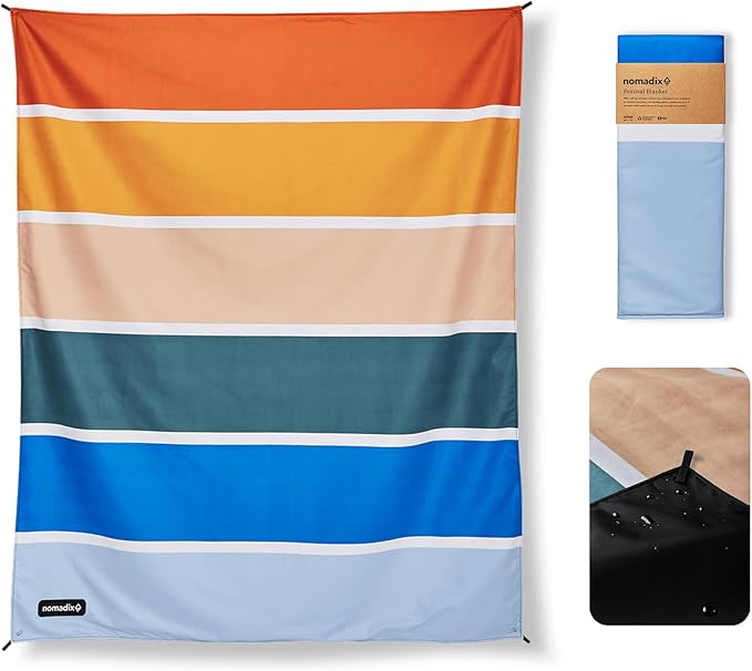Nomadix Festival Blanket - Perfect for Picnics, Camping, & Lawn Seating - Plush Top & Water Resistant Base - Made with Post Consumer Recycled Materials - Stripes Retro - 60:x 72"
