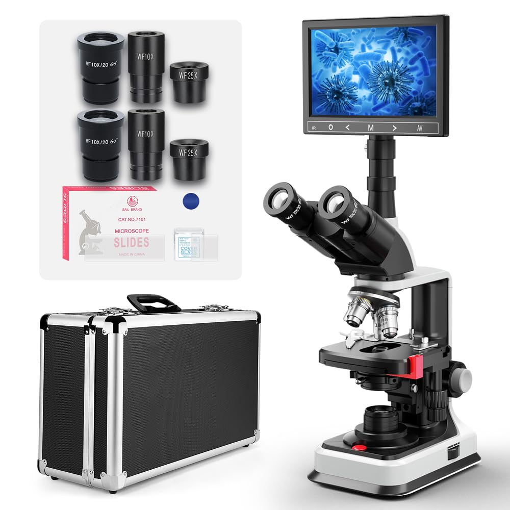 [Dual Power Supply] Vabiooth Lab Compound Trinocular Microscopes 40X-2500X Magnification with 7" LCD Replaceable Split Screen 5MP E-Eyepiece, Two-Layer Mechanical Stage,20mm Ultra Wide-Field Eyepieces