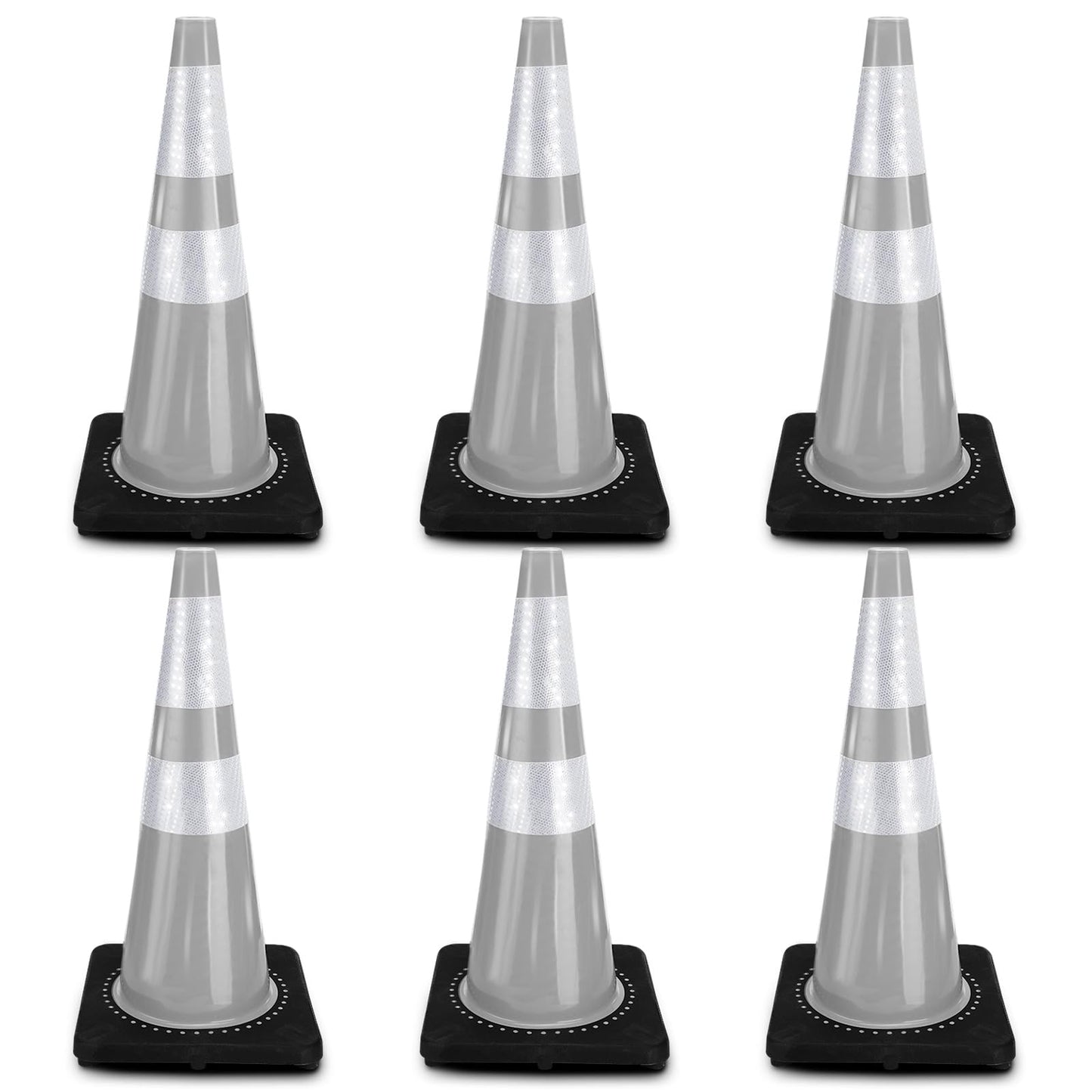Copkim 6 Pcs Traffic Safety Cones Plastic PVC Traffic Cones with Black Base and Reflective Collars Driving Cones for Street Hazards, Training, Road Construction, Parking Lot (White,28 Inch)