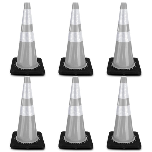 Copkim 6 Pcs Traffic Safety Cones Plastic PVC Traffic Cones with Black Base and Reflective Collars Driving Cones for Street Hazards, Training, Road Construction, Parking Lot (White,28 Inch)
