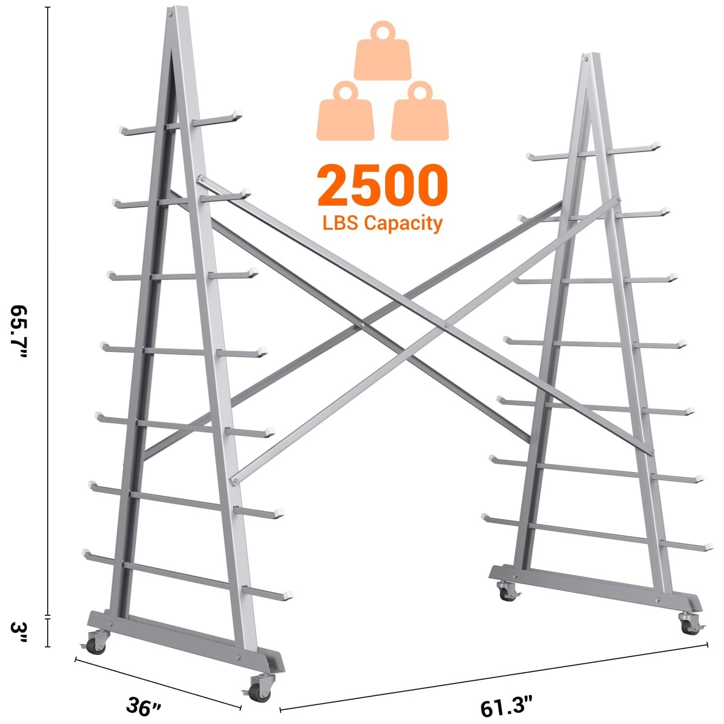 WUGEBA Floor Standing Lumber Horizontal Storage Rack-7 Tiers, Heavy-Duty Metal Adjustable Arms Pallet Racking, Up to 2500 Lbs, Free Standing Bar Storage Cantilever Rack for Basement
