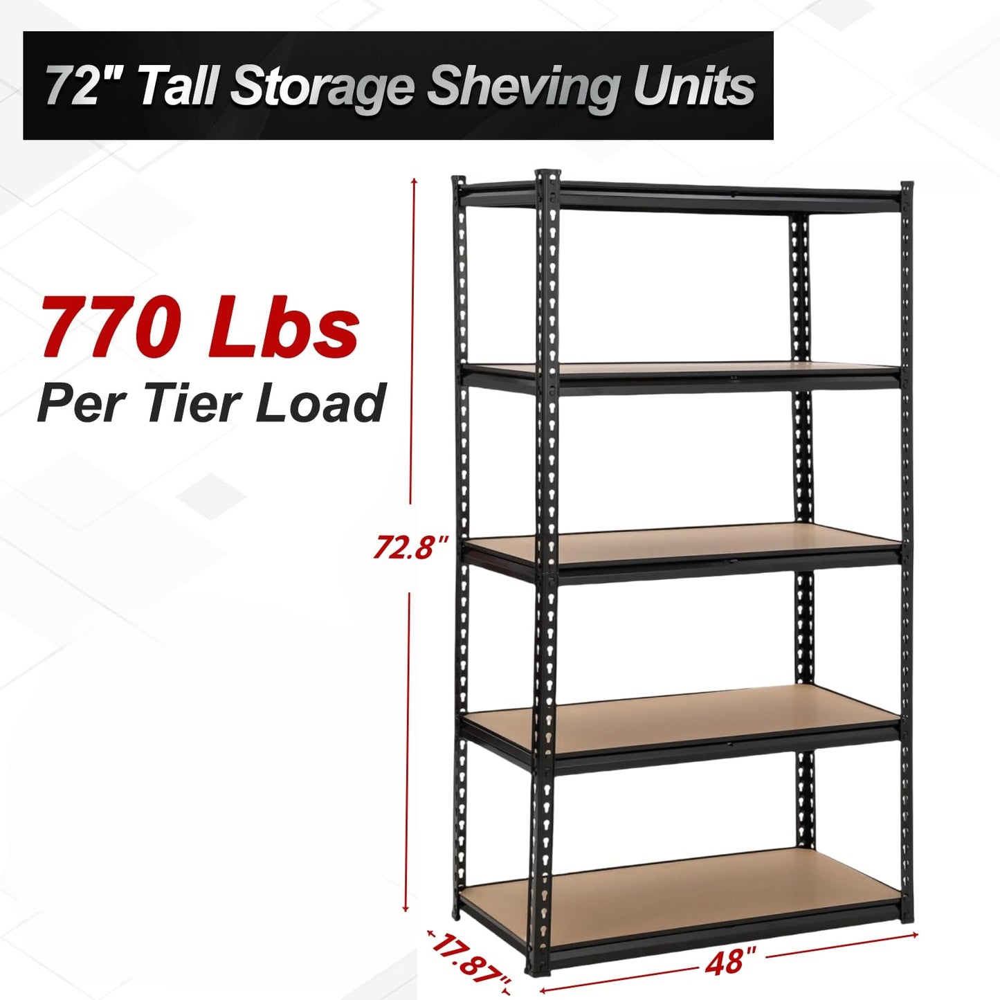 EliteEdge Garage Storage Shelves, 5-Tier Adjustable Storage Shelving, Heavy Duty Metal Utility Rack for Warehouse Basement Kitchen Pantry Laundry, Load 3850 Lbs, 48" L x 18" W x 73" H, Black