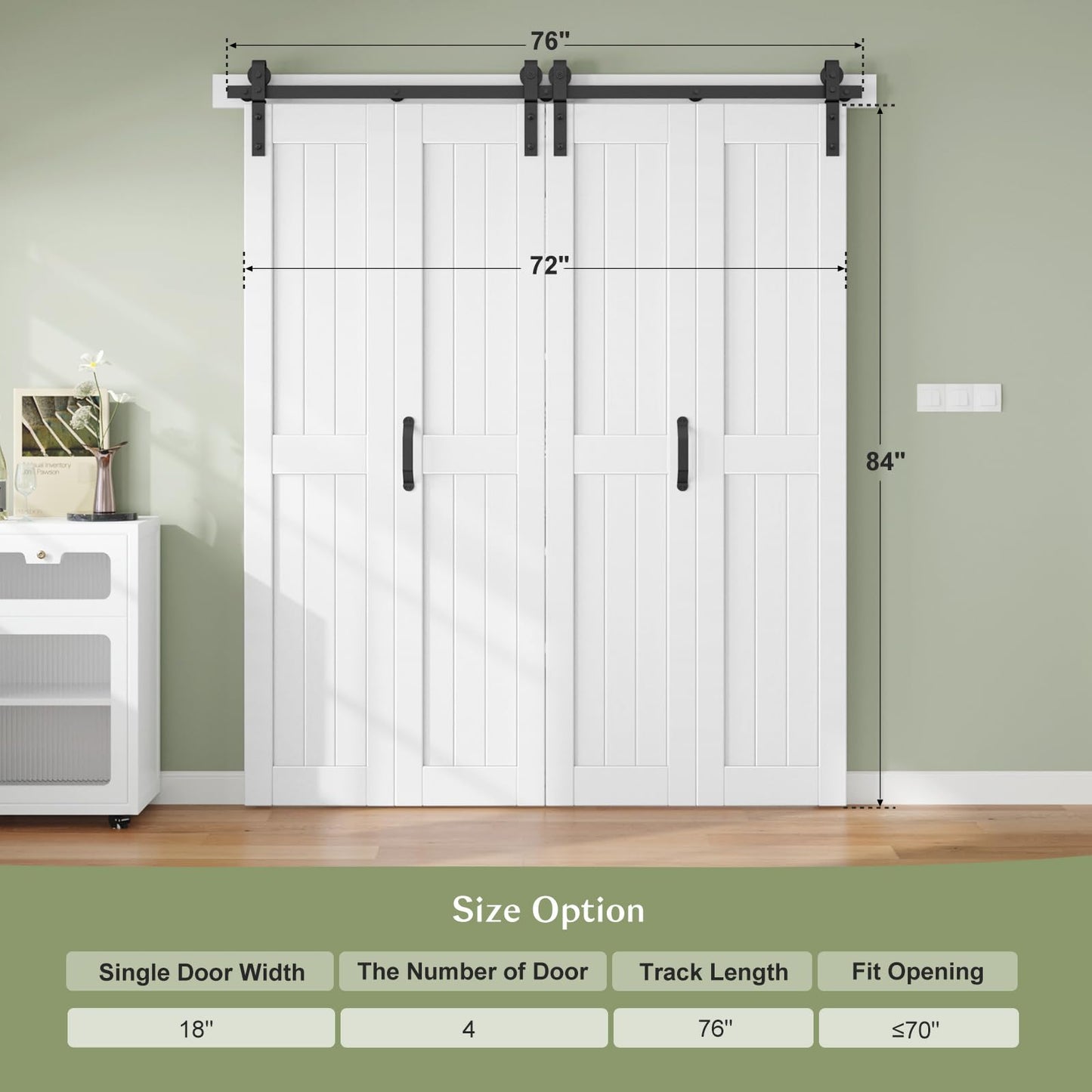 Finosen Bifold Barn Door 72 x 84 in (Four 18x84 Inch),Bi-fold Sliding Closet Doors with Hardware Track kit Included 6.6ft Rail for 4 Doors and Track Connector,Save Space,DIY Assembly.