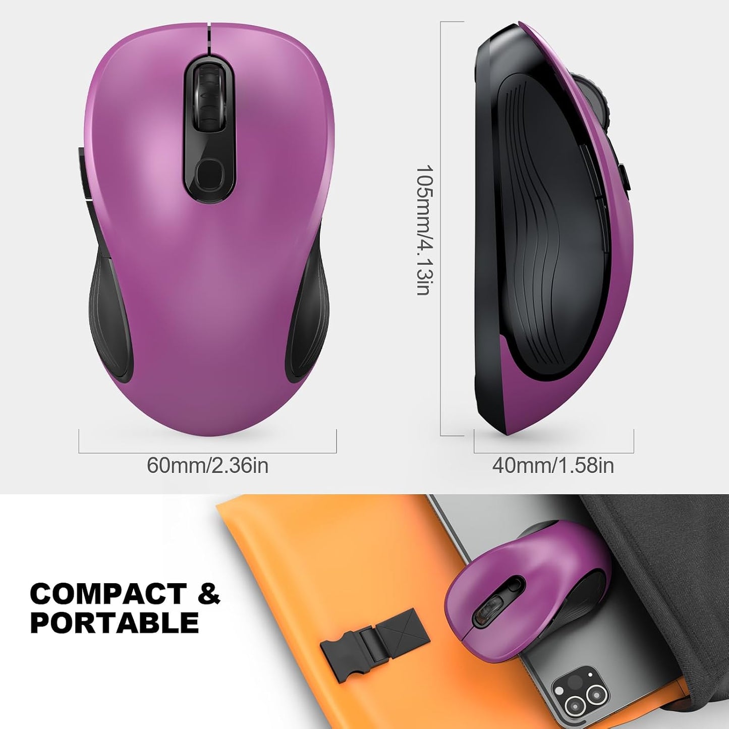 WisFox 2.4G 3 6 Wireless Mouse for Laptop, Ergonomic Computer Mouse with USB Receiver and Type-C Adapter, Adjustable