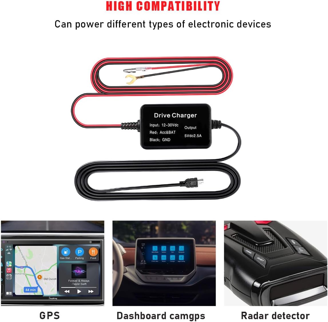 Sylvil 12V-24V 5V 10.5ft Dash Cam Hardwire Kit, Mini USB Hard Wire Kit for Dashcam, to Car Dash Camera Charger Power
