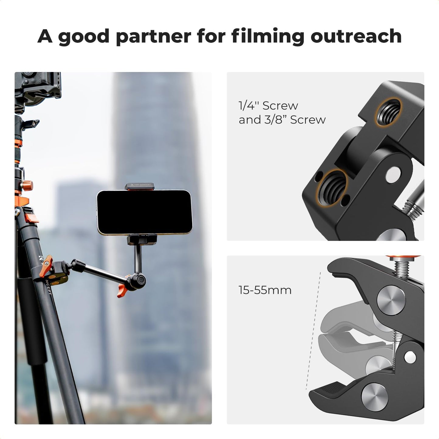K&F CONCEPT 9.8" 1/4" 3/8" 360 Magic Arm Clamp Kit with & Thread Screw Ball Heads Articulating Magic Arm with Tripod