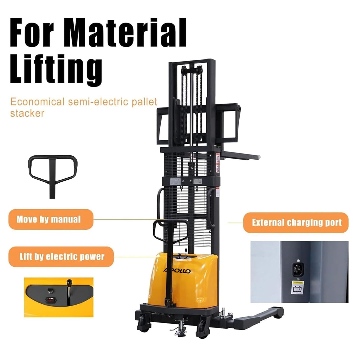 APOLLOLIFT Semi Electric Stacker, Pallet Stacker 98inch Lifting Height Material Lifter for Warehouse 3300lbs Capacity Straddle Legs with Adjustable Forks
