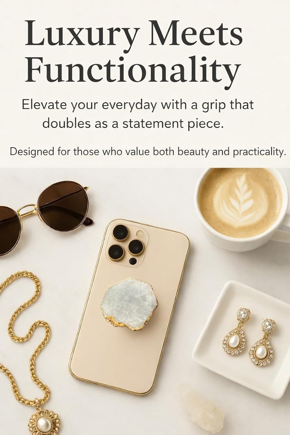 CRYSTALFY Grips by Crystal Phone Grip Holder & Expanding Kickstand-Natural Gemstone Swappable Top Accessory Compatible