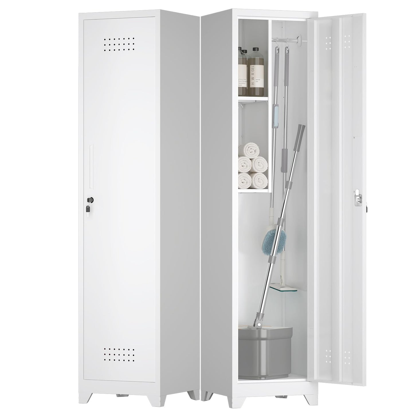 FATIGOS Slim Broom Closet Storage Cabinet, 65" H Metal Cabinets with Lock and Shelves & S-Hooks, Utility Closet, Narrow Storage Cabinets for Home Office, Pantry, Bathroom, Garage, White