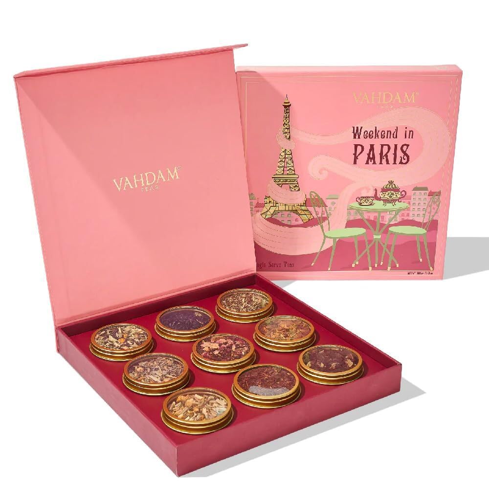 VAHDAM Weekend in Paris Tea Gift Set - 9 Assorted Luxury Teas | Travel Edition | Natural, Gluten-Free, Non-GMO