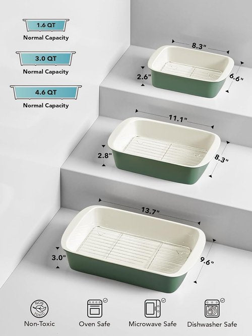 LE TAUCI Deep Casserole Dishes - Large Ceramic Baking Dish Set with Roasting Racks | Forest Green, 3-Piece Set (4.6QT/3.0QT/1.6QT)