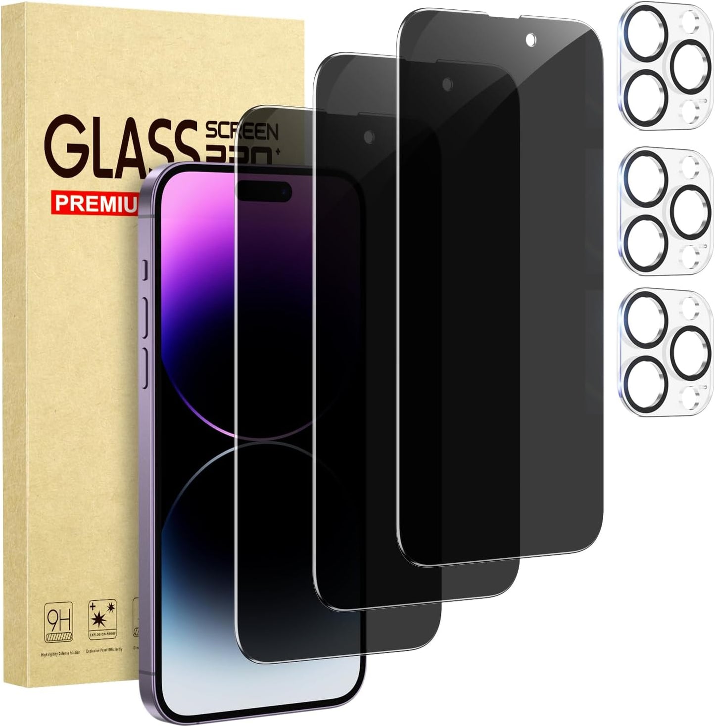3 Pack 14 Max+3 Pack Cutebe Privacy Screen Protector for iPhone Pro Camera Lens Protector with Tempered Glass, Touch